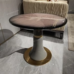 Circular Radial Wood Veneer Sofa Side Table with Sculpted Pedestal and Gold-Finished Stainless Steel Base